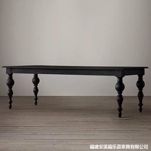 法式实木餐桌黑色长条大板桌会客桌美式原木长桌轻奢中古吃饭桌子