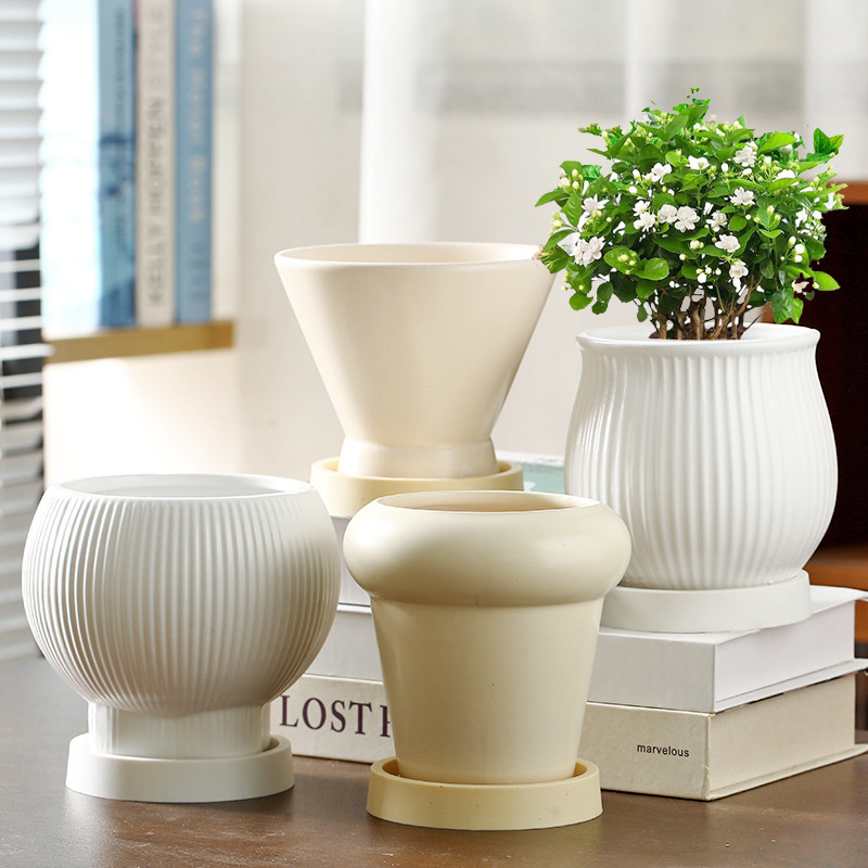 批發網紅花盆陶瓷帶托盤奶油風簡約風輕奢家用蝴蝶蘭多肉小花盆