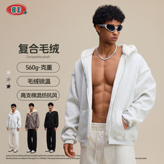 BE男装|2025秋季美式潮牌复合毛绒连帽开衫卫衣宽松拉链外套男