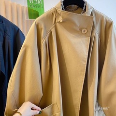欧货立领初秋大码女装休闲宽松中长款小个子风衣外套卡其色黑色