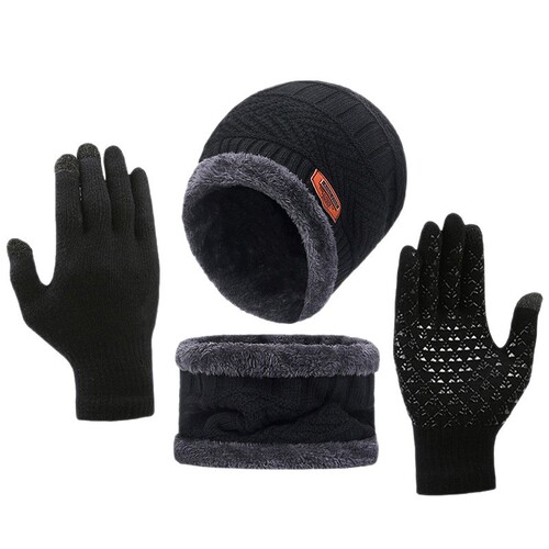 Winter knitted hat set, collar, gloves, three-piece set, warm wool hat, touch screen, anti-slip adult