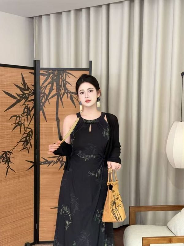 大码胖mm夏季显瘦新款收腰新中式气质防晒开衫网纱连衣裙两件套|undefined