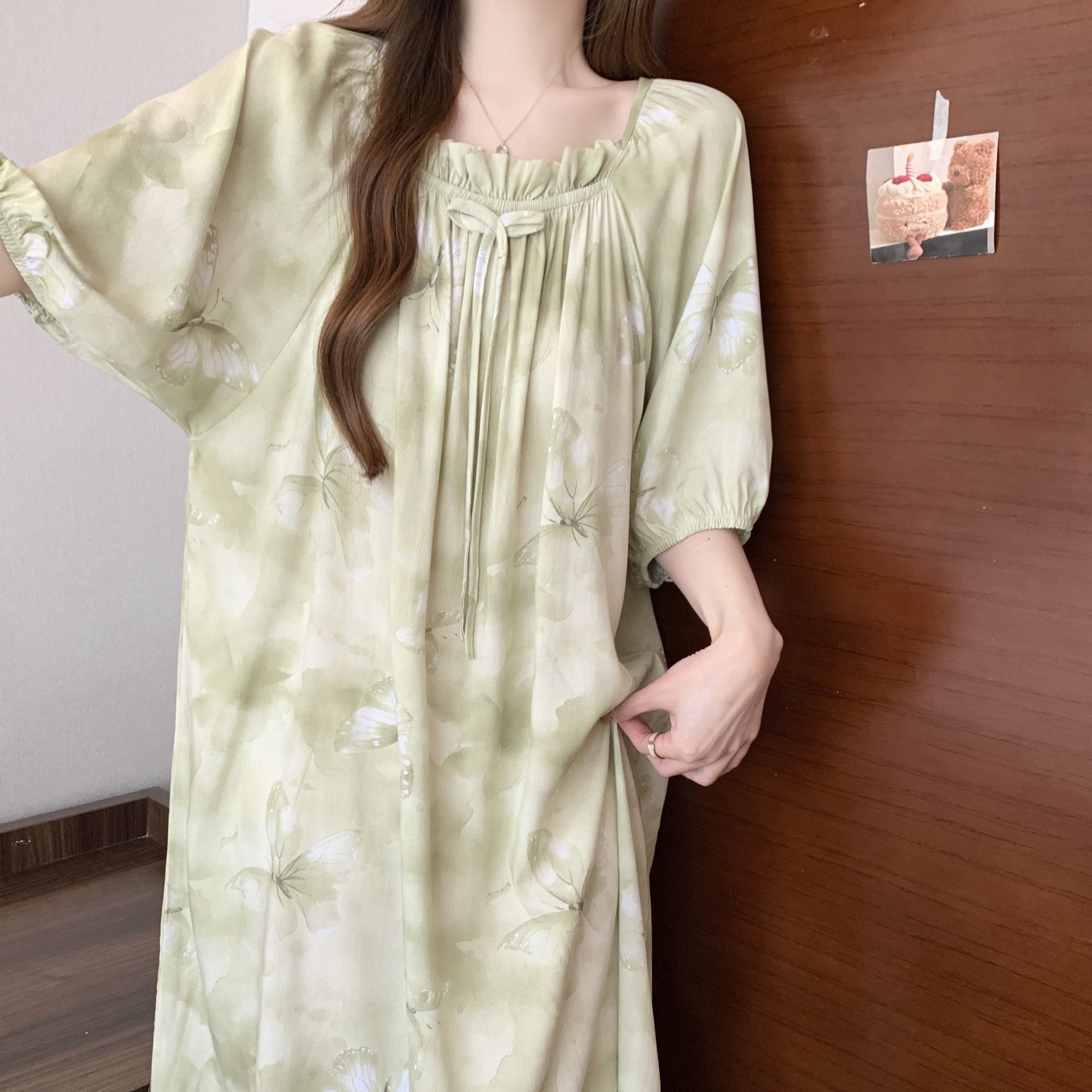 Yaoting pijamas de verano mujeres primavera y otoño encantador impresión suelta vestido larga larga larga ropa de hogar de mangas cortas HDF5291