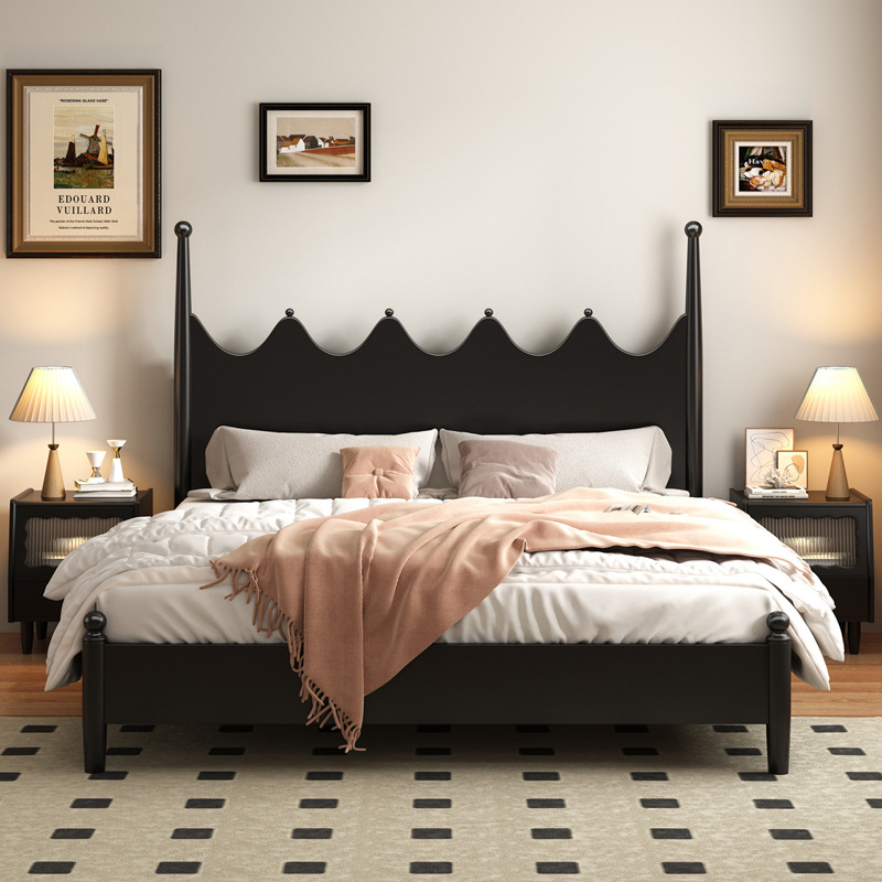 American style bed, solid wood, modern minimalist wedding bed, wave column, French retro four-poster bed, master bedroom, black, luxurious double bed