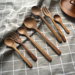 Tableware Wholesale Acacia Wood Small Spoon Kidsren's Rice Spoon Honey Spoon Simple Wooden Spoon Creative Fork Coffee Spoon Engraving