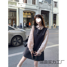 立体花朵甜美毛呢背心连衣裙女2024冬季新款叠穿减龄衬衫时尚套装