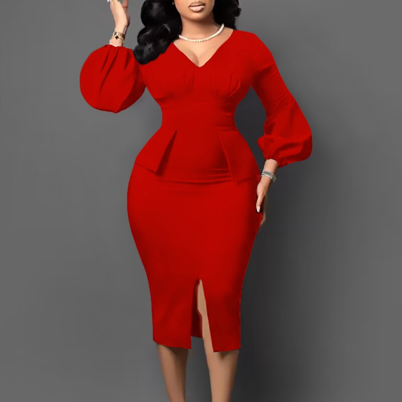 D354 Amazon European and American Women's Clothing V-Neck Puff Sleeve Slit Dress Office Pencil Skirt African Dress D354 Amazon European and American Women's Clothing V-Neck Puff Sleeve Slit Dress Office Pencil Skirt African Dress