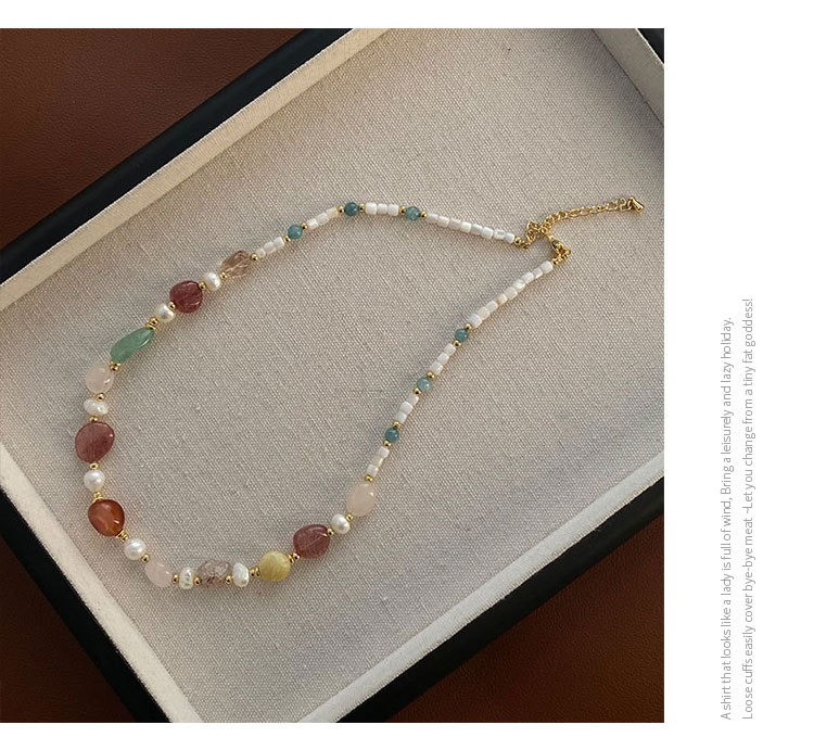 Freshwater Pearl, Strawberry Quartz Chain Material Beaded Chain Chain Type Freshwater Pearl Agate Titanium Steel Beaded Chain Geometric Necklace