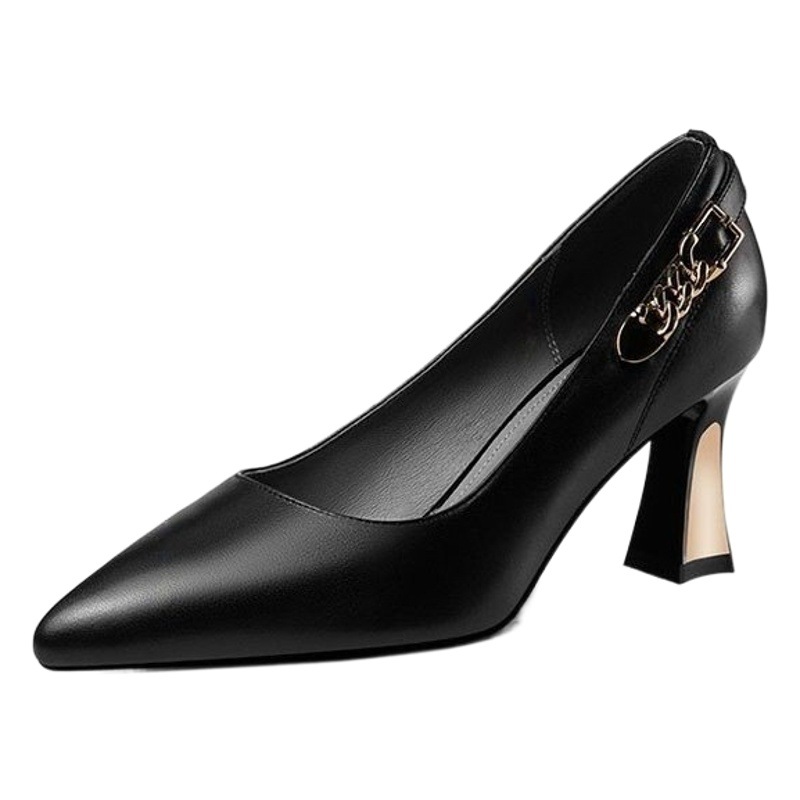 Zapatos de cuero de tacón grueso poco profundo, primavera 2025, nuevos zapatos de mujer profesionales versátiles de punta puntiaguda, de cuero suave, color negro.