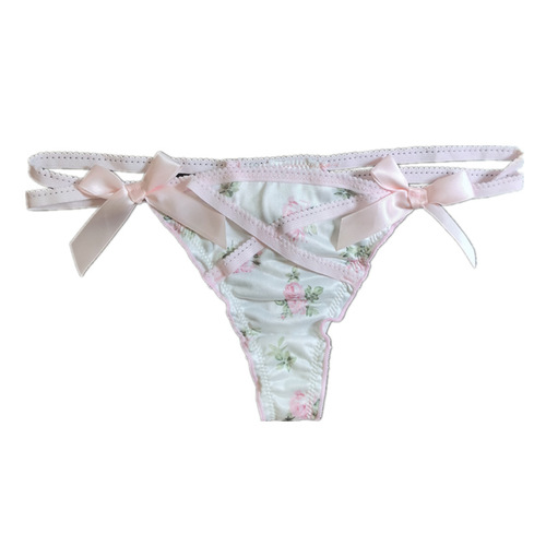 Good quality Japanese style cute broken flower thong women's hollow cross thin strap T pants low waist