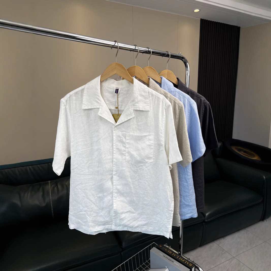 100% Linen! Classic Cuban Collar! Summer Men's Export Pure Color Casual Breathable Loose Short-Sleeved Shirt