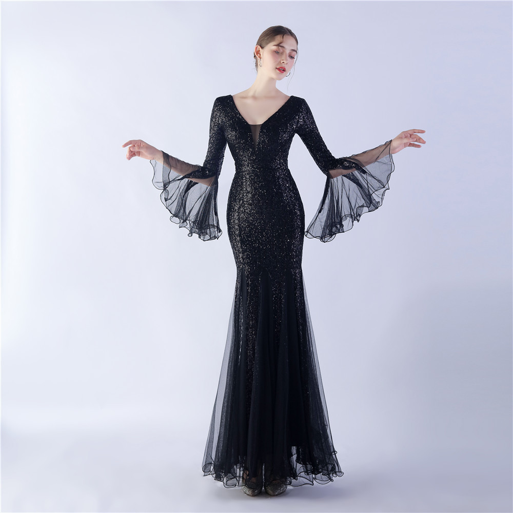 31352 # Foreign Trade Fish Silk Wave Edge Craft Encrypted Mesh Wedding Dinner Stage Sequin Evening Dress