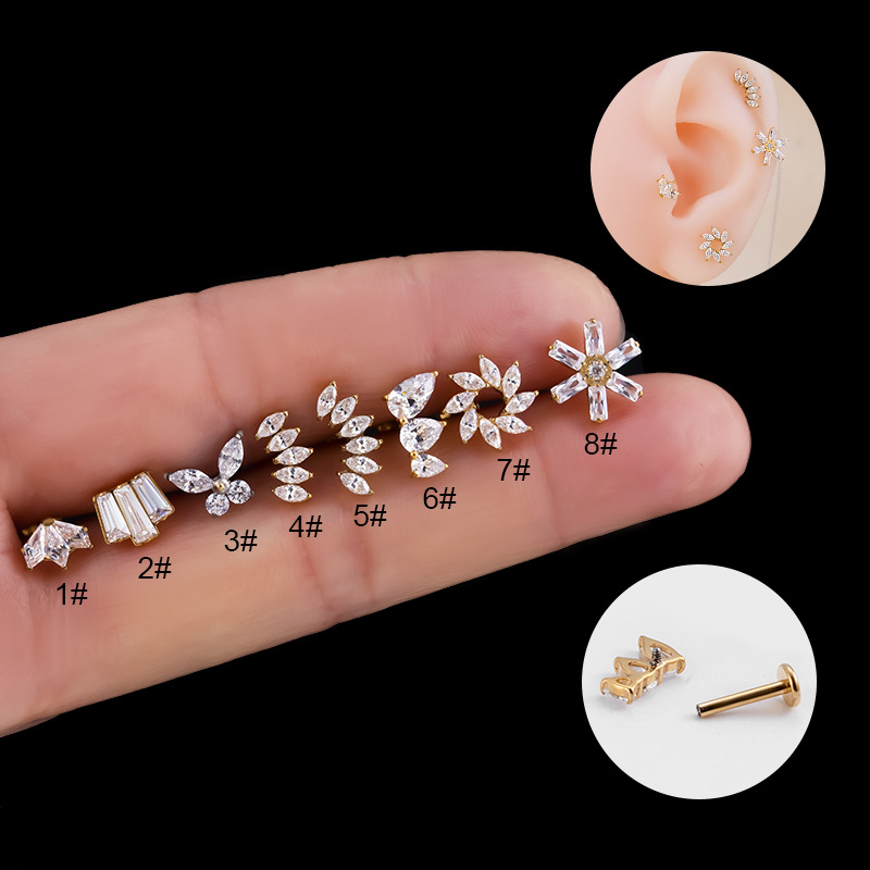 2PCS  G23 internal teeth lip rod ear bone nail F136 titanium inlaid zircon fashion crown butterfly wreath_voghion.com