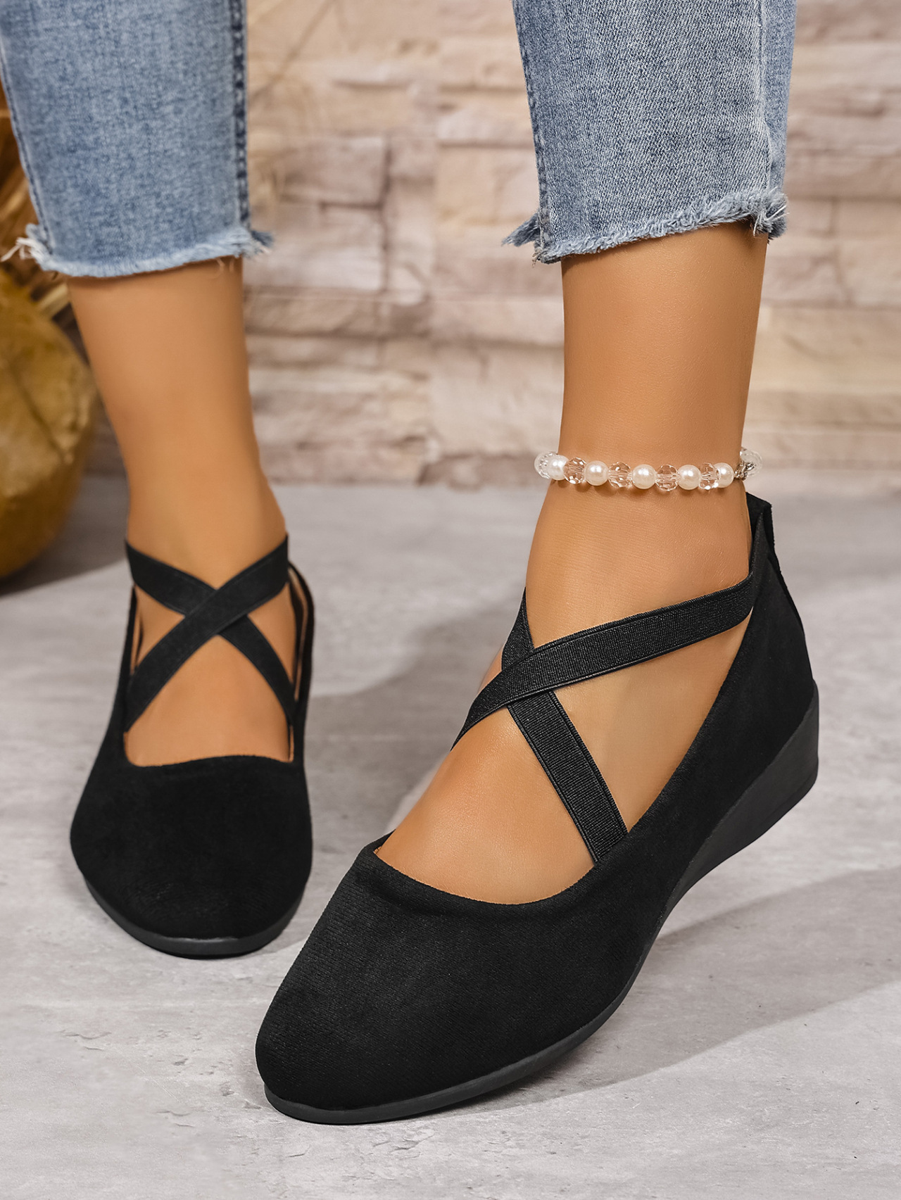 Chaussures compensées en daim pour femme avec bande élastique_voghion.com
