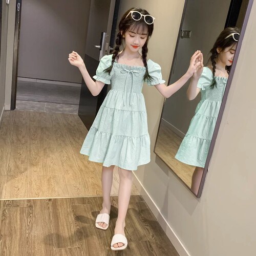 Girls' Summer Dress Children Spring and Autumn Style Big Kids Little Girls Stylish Short Sleeve Princess Dress
