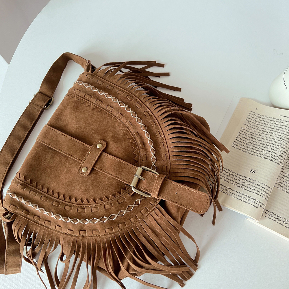 New Handmade Suede Tassel Women's Saddle Fashion Trend One Shoulder Small Crossbody Bag_voghion.com