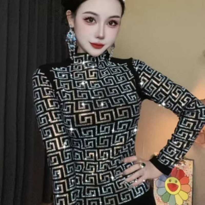 秋冬季内搭半高领保暖烫钻打底衫显瘦洋气加厚长袖T恤妈妈装上衣