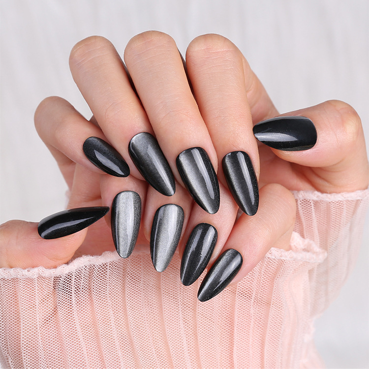 30 Pieces of Pure Black Wide-Light Cat-Eye Press-On Nails, Special Almond-Shaped Cross-Border Hot-Selling Pre-Made Press-On Nail Strips
