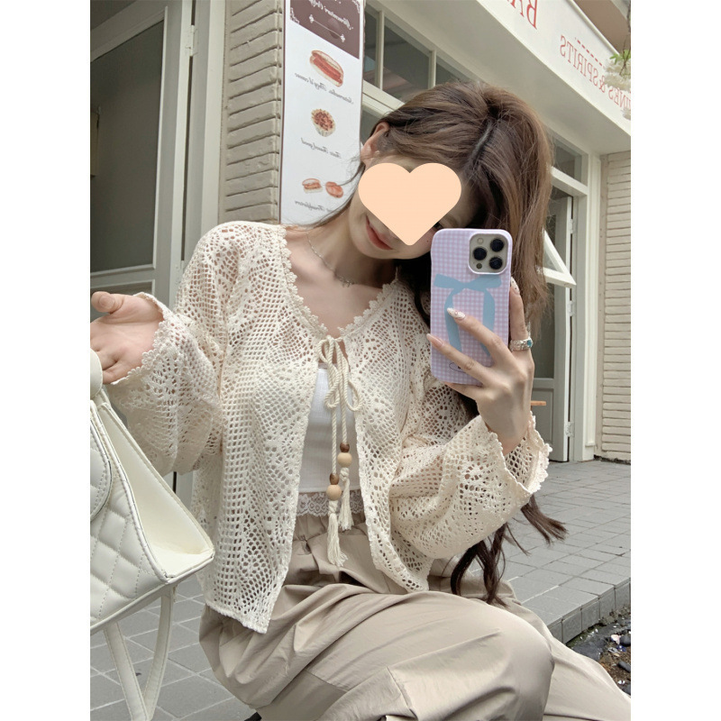 2025春夏季新款晒蕾丝开衫度假编织镂空短款外套小衫系带|undefined