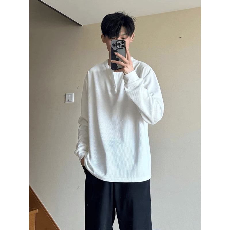 New waffle long sleeved T-shirt for men in spring and autumn vintage Henry collar, loose casual base shirt_voghion.com