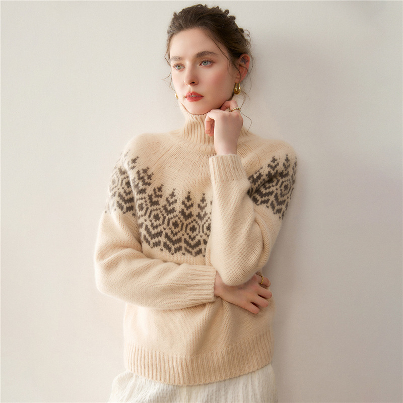 2025 Autumn/Winter New Cashmere Knitwear Women's High Neck Color-Block Jacquard Sweater Long Sleeve Cashmere Sweater Base Layer