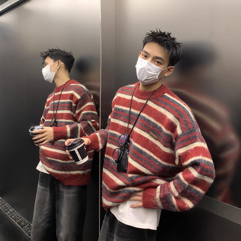 American Retro Striped Color-Block Round Neck Loose Mohair Sweater for Men and Women, Lazy Autumn and Winter Knit Base Shirt Trendy