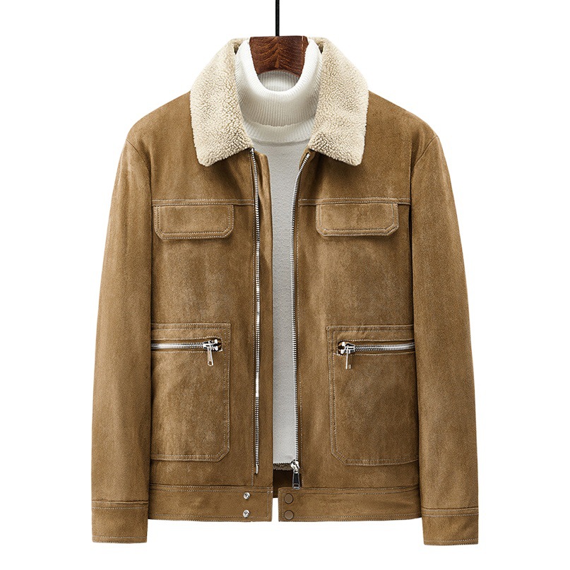 Abrigo de algodón acolchado de gamuza para hombres Otoño e Invierno ropa de trabajo vintage abrigo de algodón acolchado Cuello de piel Chaqueta de algodón acolchado chaqueta forrada de lana de cordero