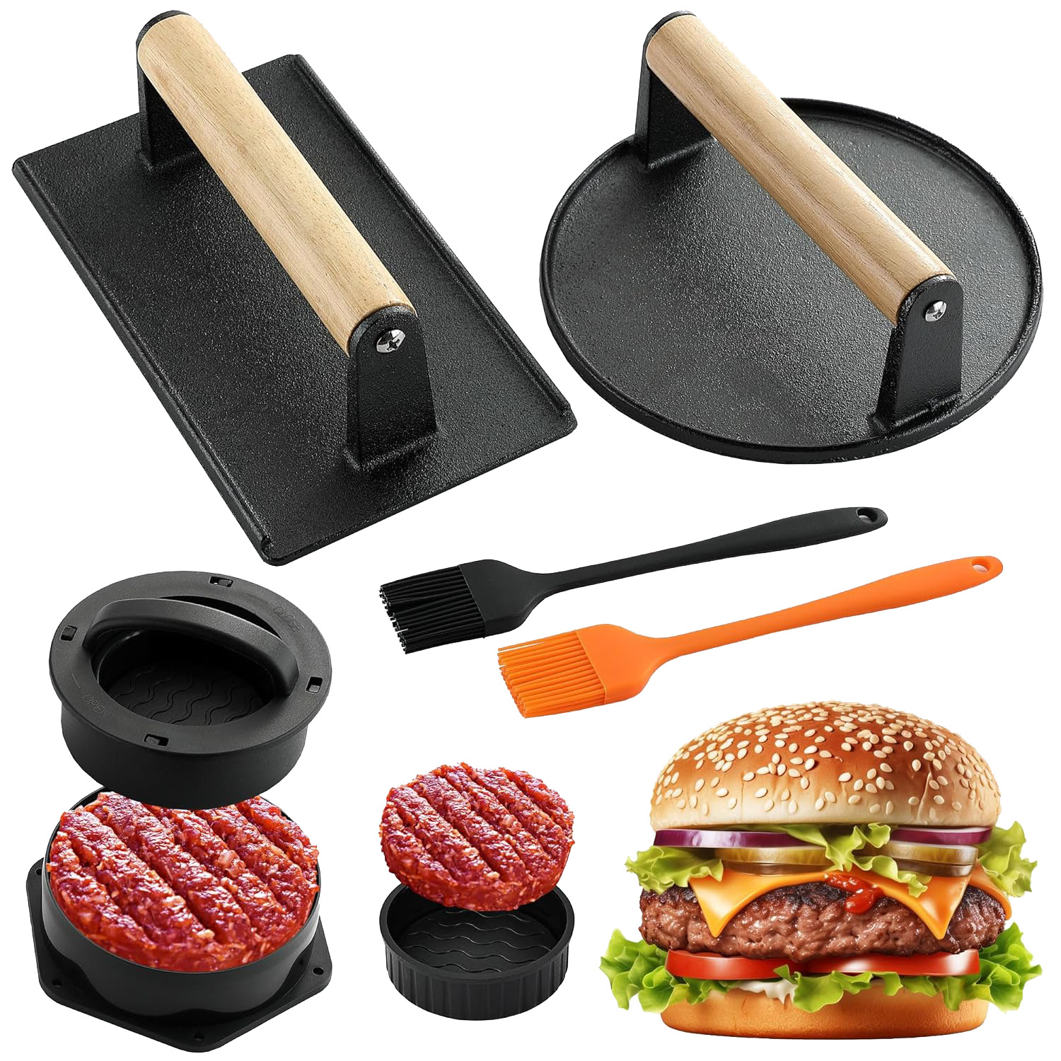 Amazon Cross-border Hot Hot Ferry Pressing Plate Round Burger Pressing Cake Mold Set de herramientas de barbacoa al aire libre