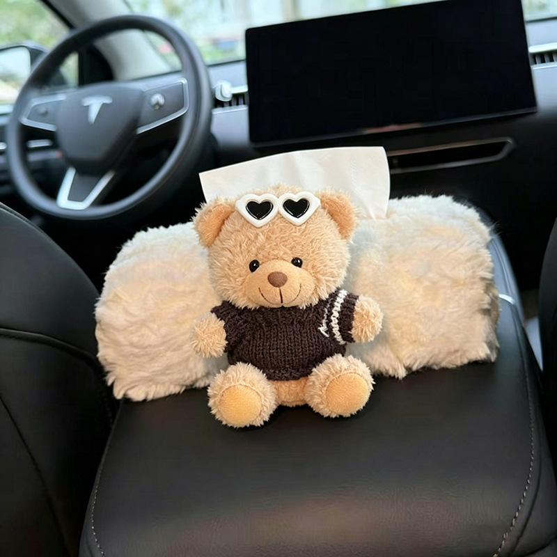 Bear-shaped car tissue box, armrest box tissue holder, creative car decoration, plush toy, interior car accessory for women with a high-end feel