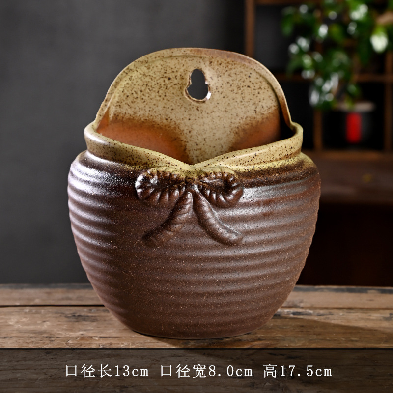 Patio al aire libre montado en la pared retro creativa maceta de eneldo verde cerámica de cerámica de gres para el hogar olla de cerámica carnosa liquidación al por mayor