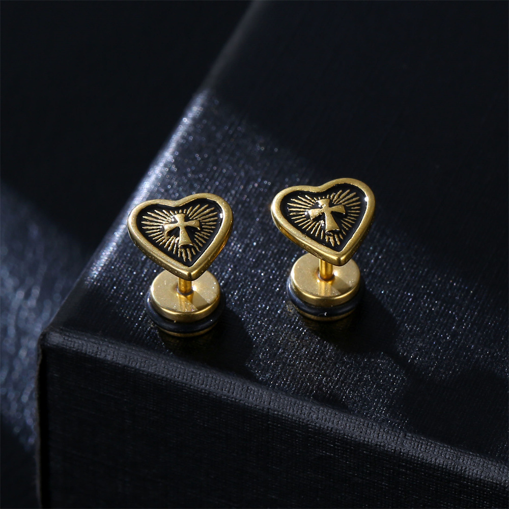 Hip-hop Cross Heart Shape Stainless Steel Plating Ear Studs 1 Pair display picture 4