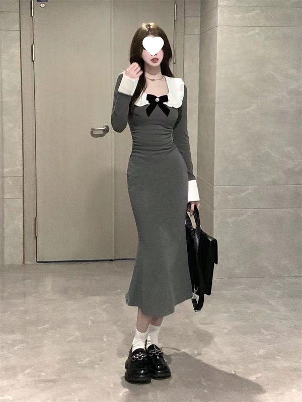 【配蝴蝶结】新款韩系娃娃领长袖修身连衣裙女显瘦包臀鱼尾长裙|undefined