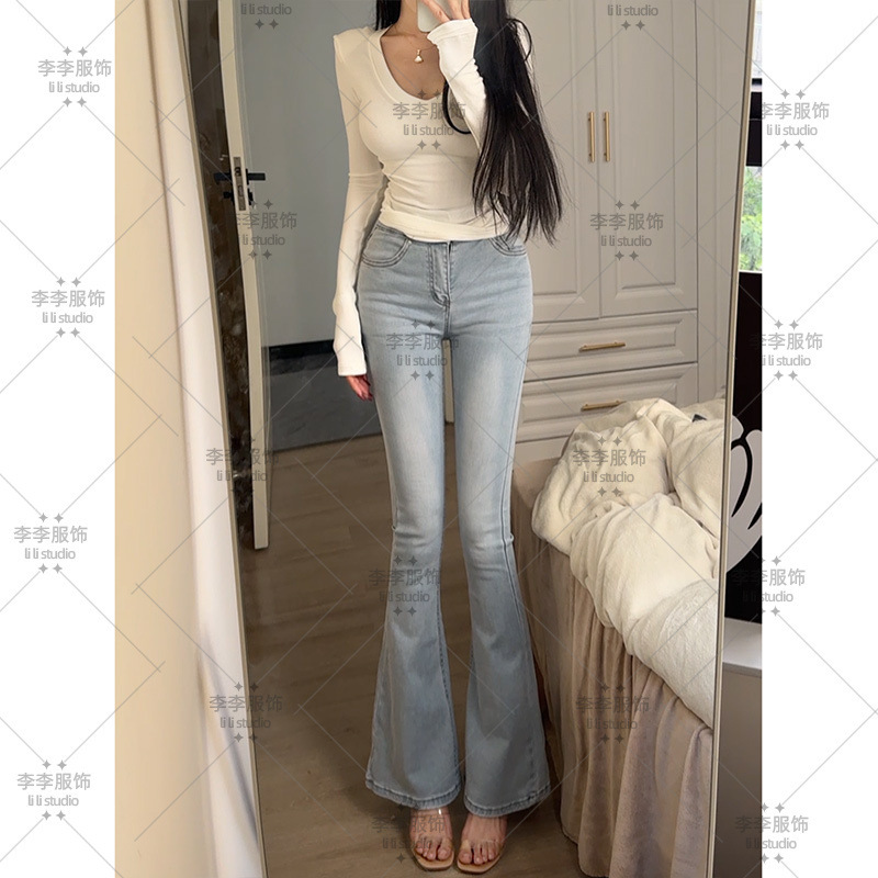 高腰排扣丰胯微喇牛仔裤女2025年夏季新款弹力显瘦显高喇叭长裤|undefined