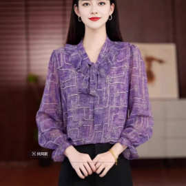 女装爆款时尚V领紫色气质雪纺衫2026春季新款时尚休闲套头薄上衣