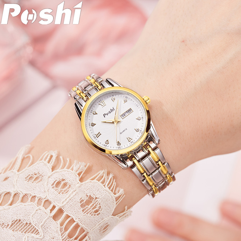 Poshi reloj de mujer nueva moda correa de acero inoxidable doble calendario reloj de mujer reloj de cuarzo venta al por mayor entrega de una pieza