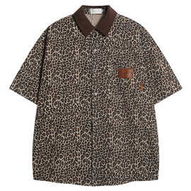 美式复古vintage豹纹翻领牛仔短袖衬衫男女潮牌炸街外套男装2024