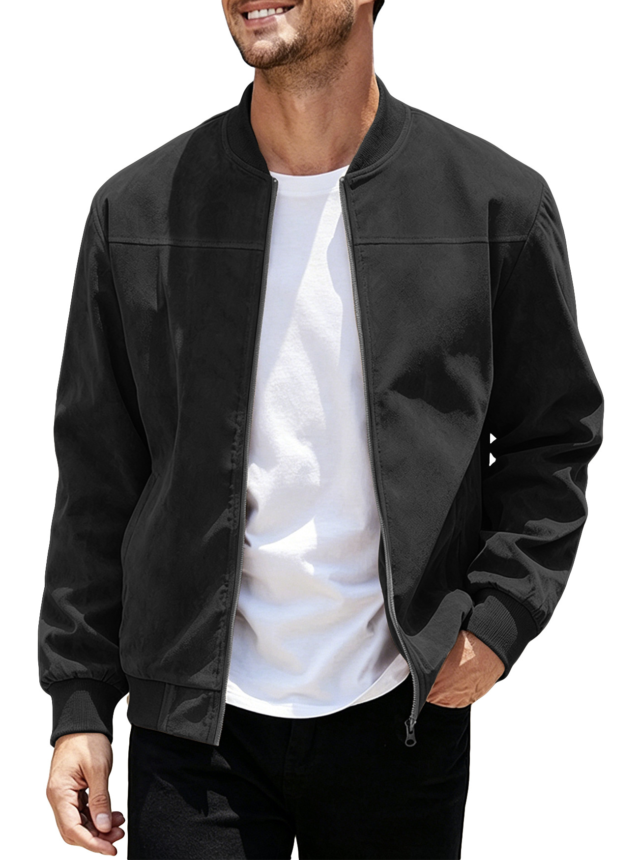 Amazon transfronterizo de caída de seda de color sólido chaqueta con cremallera de hombre retro manga larga comercio exterior chaqueta cardigan image 11