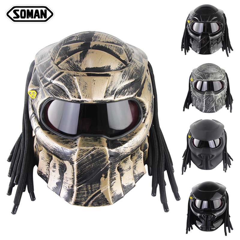 摩托车个性头盔激光灯铁血战士复古獠牙款全盔辫子盔玻璃钢SM957|ms