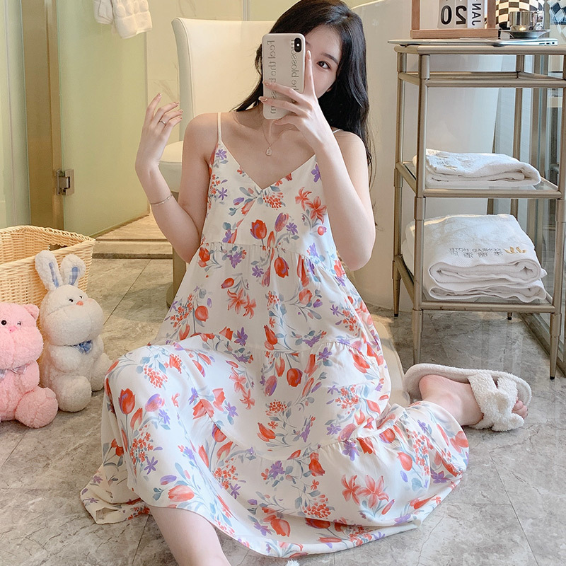 Correa de verano camisón de las mujeres sexy delgada pijamas de seda de algodón artificial desgaste del hogar coreano dulce niña vestido de seda de algodón