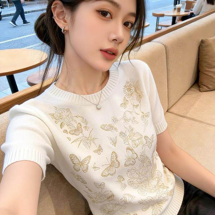 Personal Collection~Chanel-Style Butterfly Print Short-Sleeve Knit Top for Women, New Spring/Summer Model with a High-End Feel and Youthful Look
