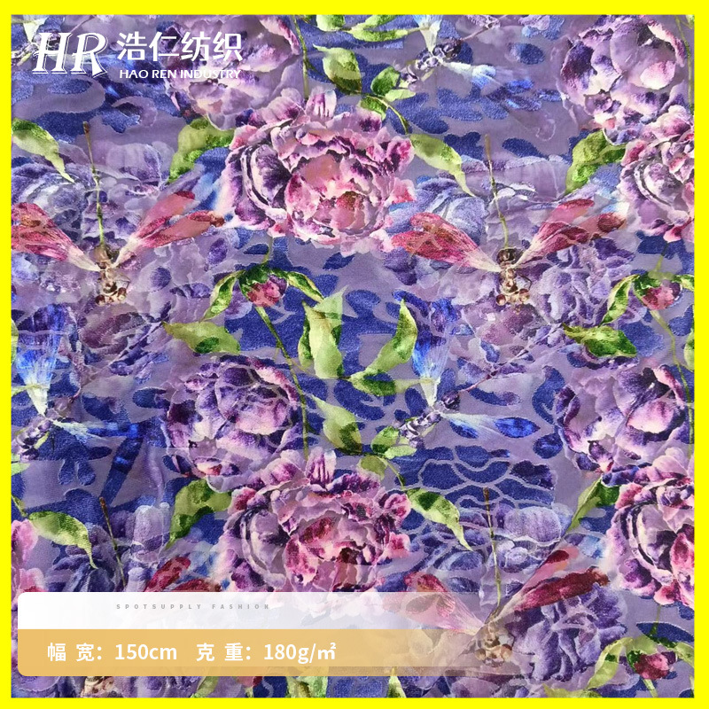 经编烂花印花韩国绒绒布布料 深色花朵花型旗袍服装面料批发