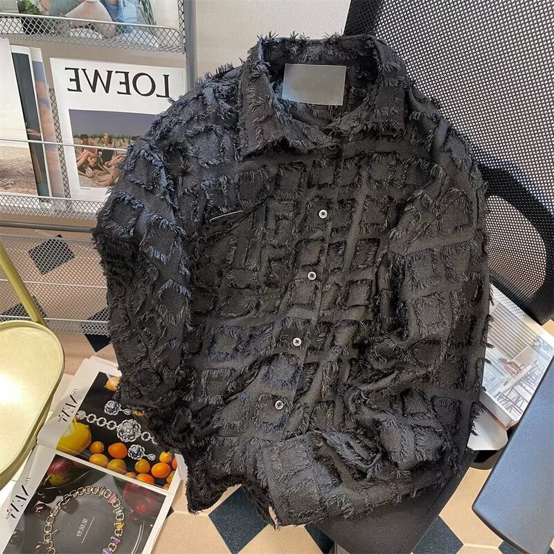 Men's black tweed fringed shirt, long-sleeved, autumn and winter, Chanel-style, with a stylish lapel design, trendy men's shirt Men's black tweed fringed shirt, long-sleeved, autumn and winter, Chanel-style, with a stylish lapel design, trendy men's shirt
