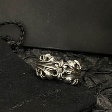 纯银CH克罗伈KT鸢尾花戒指男女做旧复古嘻哈朋克食指厂家批发个性