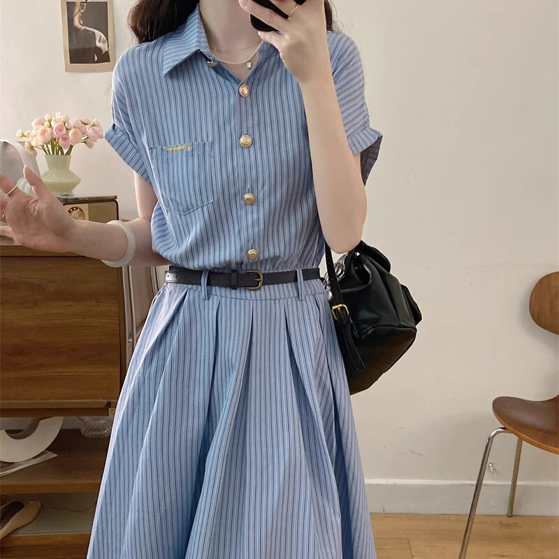 2025 New French High-End Blue Stripesd Shirt Dress Women's Summer Elegant Waist Polo Long Skirt 2025 New French High-End Blue Stripesd Shirt Dress Women's Summer Elegant Waist Polo Long Skirt