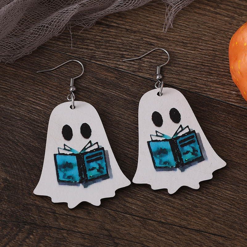 国境を越えた新型ハロウィーンゴシック風かわいい幽霊花本ポケット幽霊ペンダント木製両面イヤリング|undefined