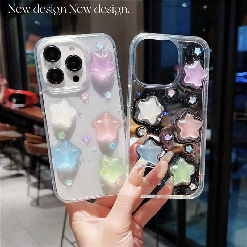 ins Stereo Little Star iphone14ProMax Transparent Phone Case Apple 13mini New Drop Glue Applicable