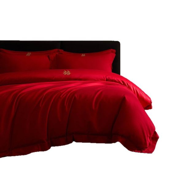 Light luxury high-end red 100S cotton four-piece wedding bedding wedding simple high-end wedding