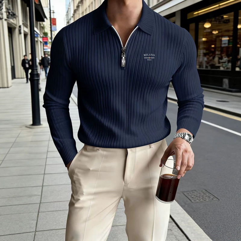 European and American Cross-Border Foreign Trade Wish Men's Autumn Sports Fitness Casual Stand-Up Collar Elastic Vertical Stripe Long-Sleeve Zipper Polo European and American Cross-Border Foreign Trade Wish Men's Autumn Sports Fitness Casual Stand-Up Collar Elastic Vertical Stripe Long-Sleeve Zipper Polo