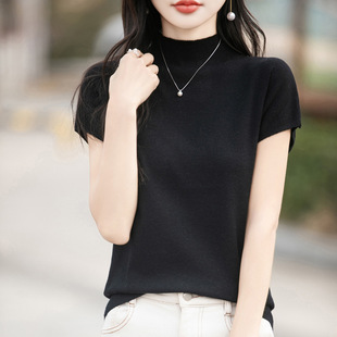 Fine Wool Knitted T-Shirt Women's Summer New Slim Slim Vest Half Turtleneck Top