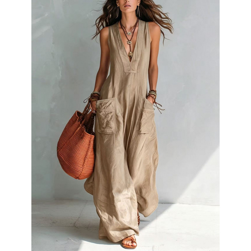 2026 Amazon Cross-Border Trade New Solid Color V-Neck Stylish Loose European and American Style Jumpsuit with Large Pockets 2026 Amazon Cross-Border Trade New Solid Color V-Neck Stylish Loose European and American Style Jumpsuit with Large Pockets